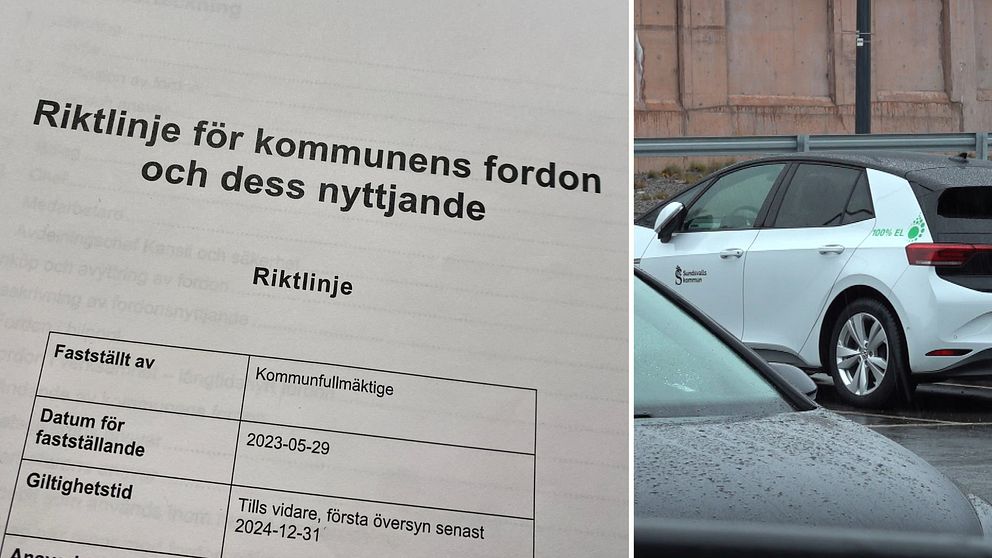 Till vänster en bild på ett dokument som visar Sundsvalls kommuns riktlinje för kommunens fordon och dess användande och till höger en vit kommunbil märkt Sundsvalls kommun parkerad utanför Servicecenter och tilhör bilpoolen