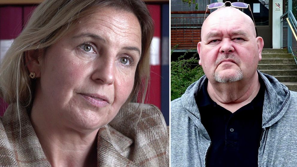 Bild i två sektioner: Vänstra sektionen visar en person i en inomhusmiljö med röda gardiner i bakgrunden, personen bär en beige kavaj. Högra sektionen visar en person i en utomhusmiljö med grönska och en trappa i bakgrunden, personen bär en grå hoodie över en svart t-shirt och har solglasögon ovanpå huvudet.