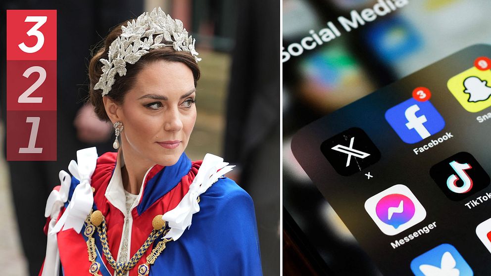Till vänster prinsessan Kate Middleton, till höger en mapp på en smartphone med flera sociala medie-appar