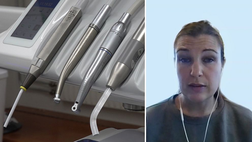 tandvårdsinstrument, samt bild ur digital intervju – en kvinna