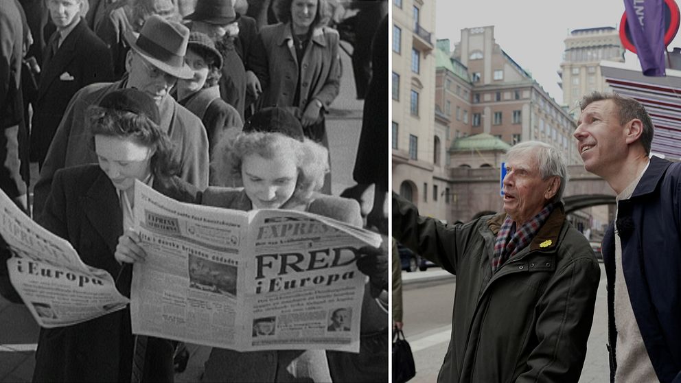 Två bilder. Till vänster: arkivbild på en kvinna som håller en tidning, på löpsedeln står det ”FRED”. Till höger Tage Nilsson och reporter Jon Nilsson.