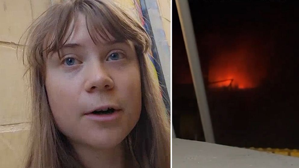 Delad bild. Till vänster syns en kvinna med långt brunt hår framför en vägg. Till höger en brand i mörker.