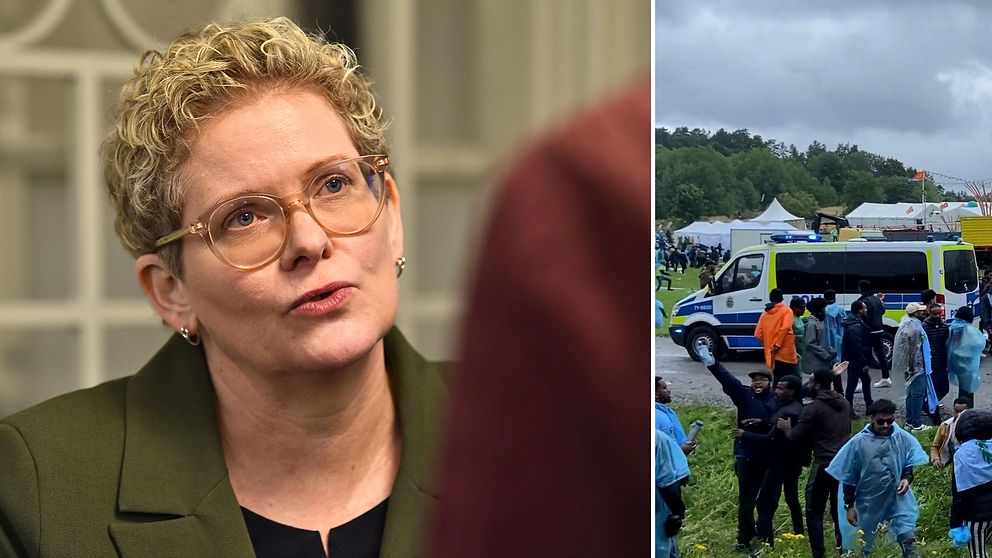 Karin Wanngård, till höger folksamling på järvafältet, polisbil, upplopp