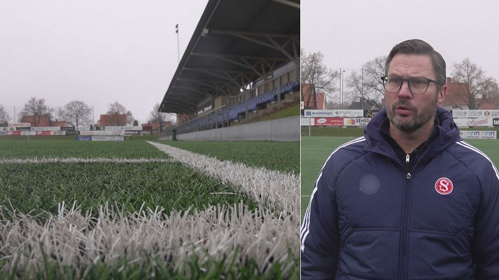 Fotbollsplan till vänster. Till höger klubbchefen för Sandvikens IF.