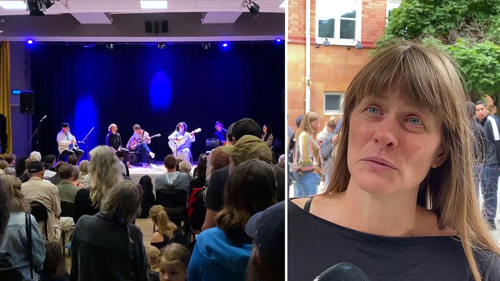 En folksamling framför en scen och en kvinna som intervjuas