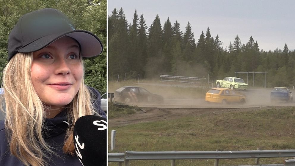 Delad bild på ung blond tjej i keps och folkracebilar på bana
