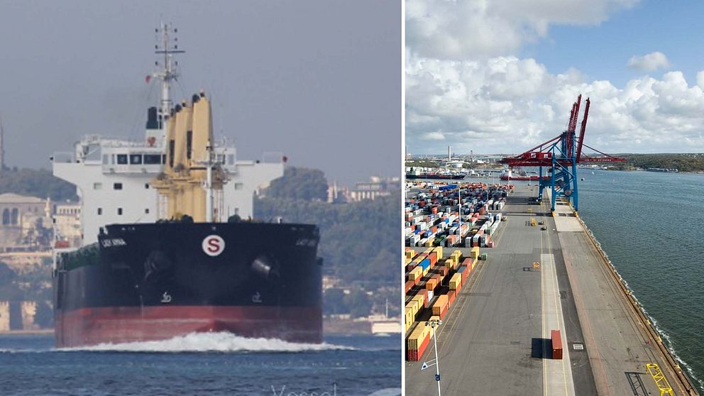 Bilden är en delad bild som innehåller två sektioner. Den vänstra sidan visar MV Ruby, ett stort fraktfartyg som navigerar genom vattnet, med berg och en stad i bakgrunden. Den högra sidan visar Göteborgs hamn med containerbilar, kranar och flera staplade containrar, samt en klar himmel som ger en känsla av aktivitet och handel.