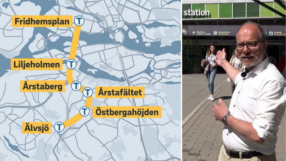 Karta på nya tunnelbanans nya gula linje och Johan Brantmark från Region Stockholm