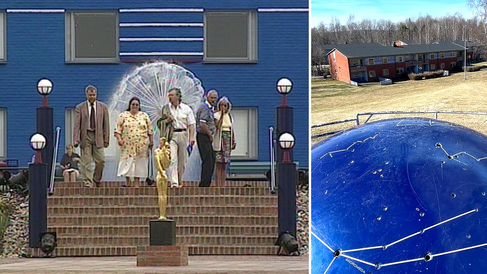 Bild 1: en grupp av personer klädda i olika outfits, stående på trappor framför en blå byggnad med ett stort fönster. BIlden kommer från invigningen av bostadsområdet Polstjärnan i Hällefors 1997.     Bild 2:Vy över Polstjärnan 2024, konstverket ”Universum” syns i förgrunden (en blå sfär med stjärnbilder på), och i bakgrunden syns ett tvåvånings-flerfamiljshus i rött tegel.