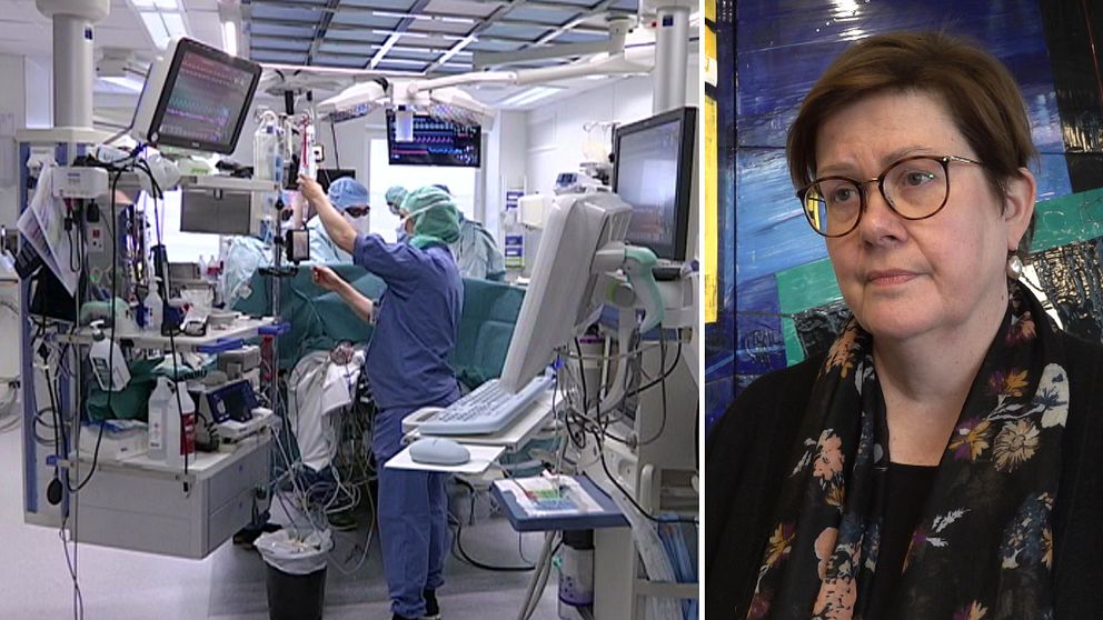 Till vänster: operationsal med sjukpersonal, till höger: Åsa Bellander, regionsdirektör