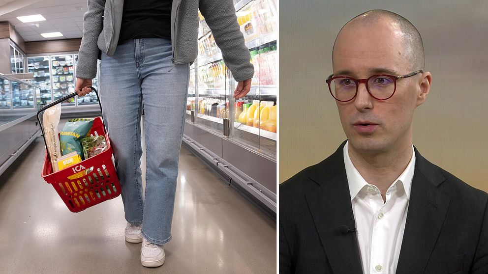En kvinna som handlar mat och en skallig man med röda glasögon