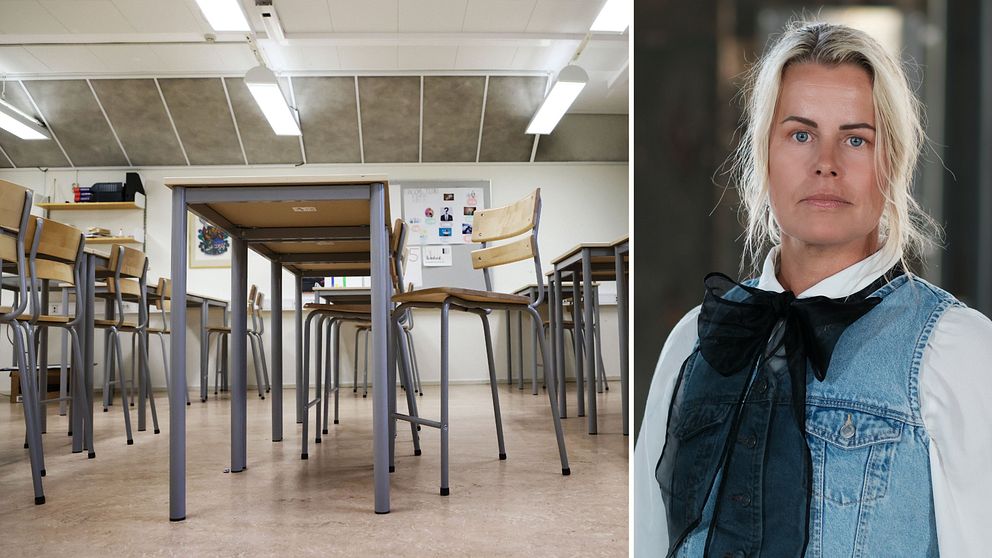Ett klassrum och bredvid en porträttbild på förbundsordföranden Anna Olskogi Sveriges Lärare Anna