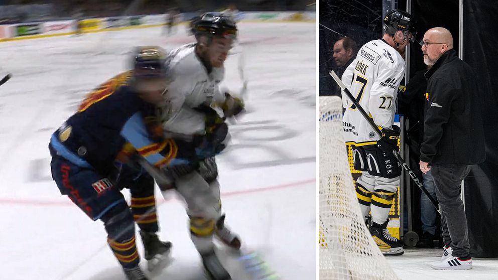 En delad bild som visar två sektioner från en hockeymatch. Den vänstra delen visar en tackling. Den högra delen visar en spelare som går av planen och pratar med en människofigur vid sidan av.