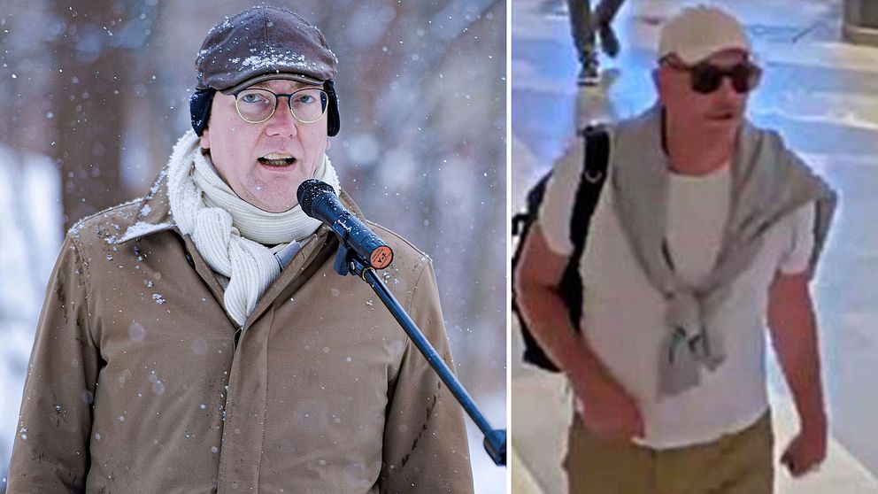 En delad bild som visar två olika scener. Den vänstra sidan visar Gustav Hemming klädd i en brun jacka och vit scarf, omgiven av snöfall i en utomhusmiljö. Den högra sidan visar en annan person som bär en vit t-shirt och beige byxor, med en svart ryggsäck över axeln, gående inomhus i en modern miljö.