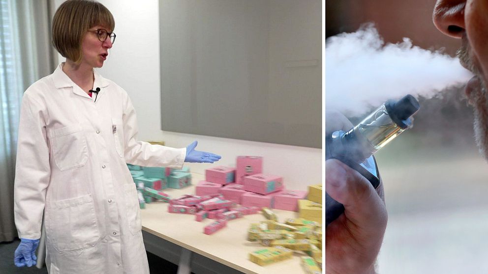 Jenny Åberg, expert på Tullverkets laboratorium och en man som röker e-cigarett.