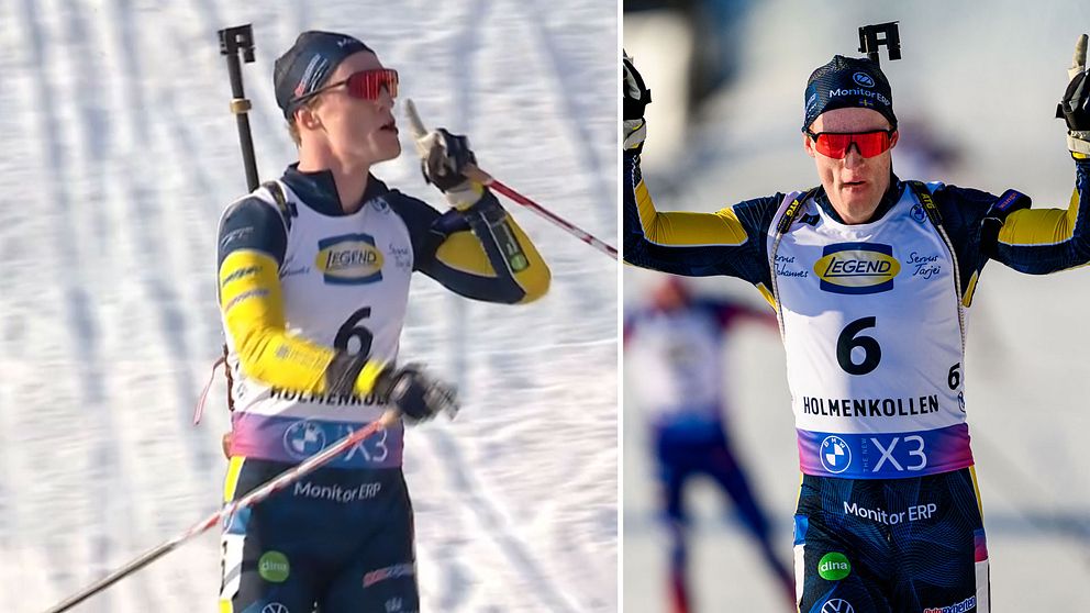 Delad bild. Vänster: Skidskytt på spår med gevär. Höger: Skidskytt firar med gevär.