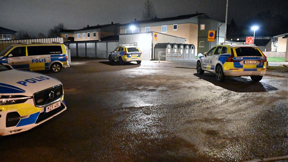 Flera polisfordon står parkerade på en upplyst gata under natten. I bakgrunden syns en byggnad med tydlig belysning och skyltar.