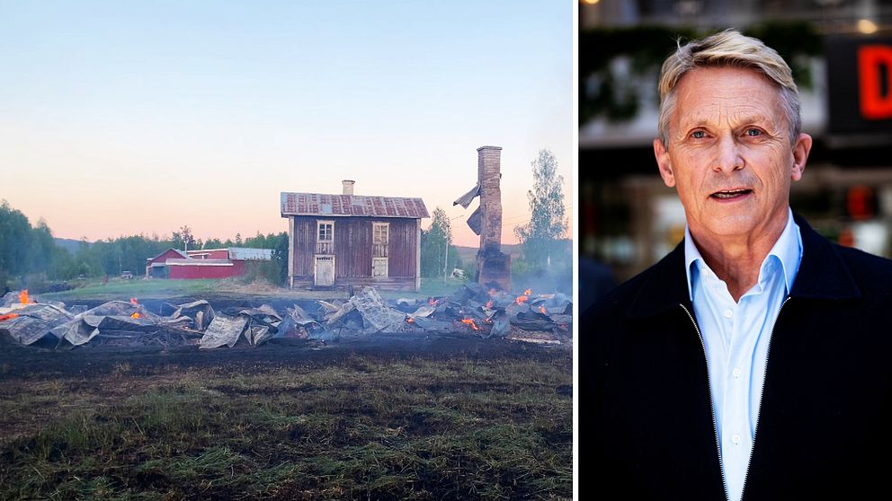 Till vänster syns ett ödehus som brunnit ner, till höger en porträttbild på Bengt Olsson, presschef på Trafikverket.