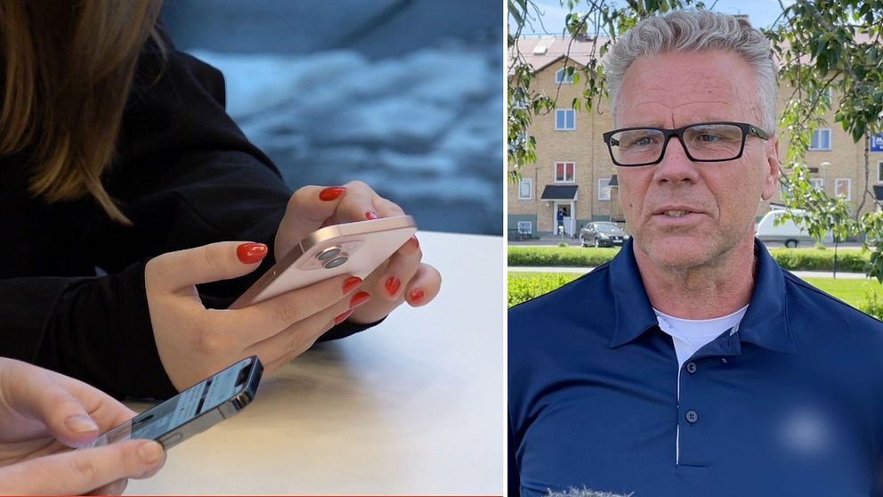Delad bild – till vänster en person med röda naglar som sitter med sin mobiltelefon, till höger en bild på en man med grått och svarta glasögon