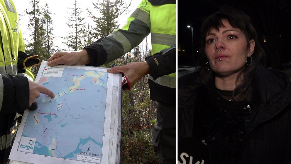 Till vänster visar en person i reflexväst en karta över ett område med insjöar och skär, pekande på specifika platser; till höger syns Sanna Inga Poromaa