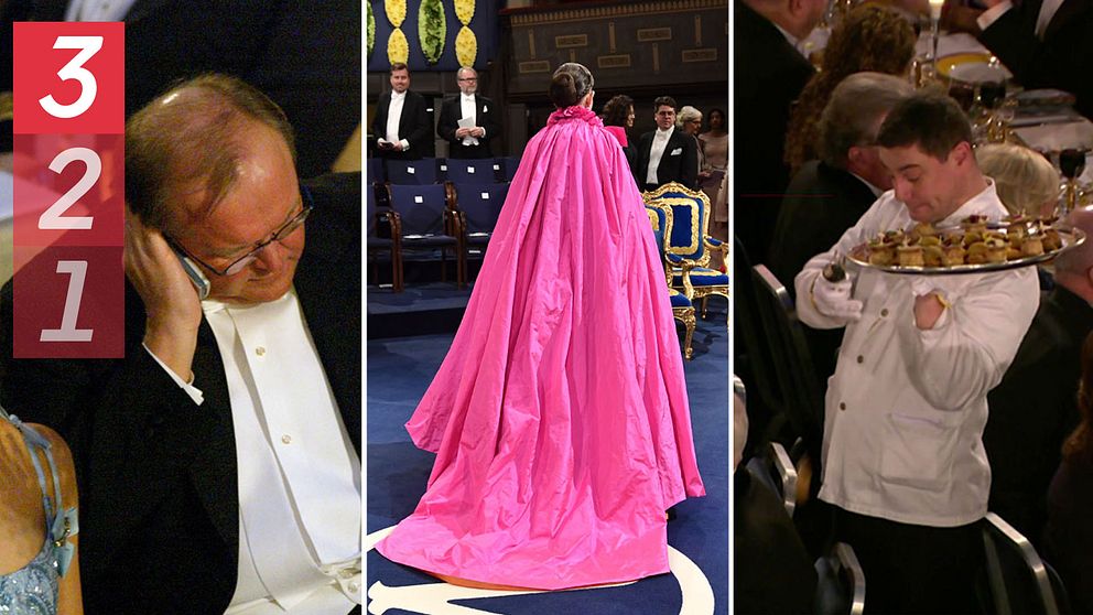 Tre kända ögonblick från Nobelfester genom åren. Göran Persson pratar i telefon, Sara Danius har sin stora rosa klänning och en servitör tappar en rotselleri på en gäst.