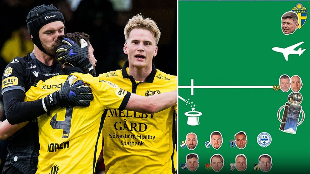 Delad bild. Vänster: fotbollsspelare firar mål. Höger: grafik över spelarflytt med flygplansikon.