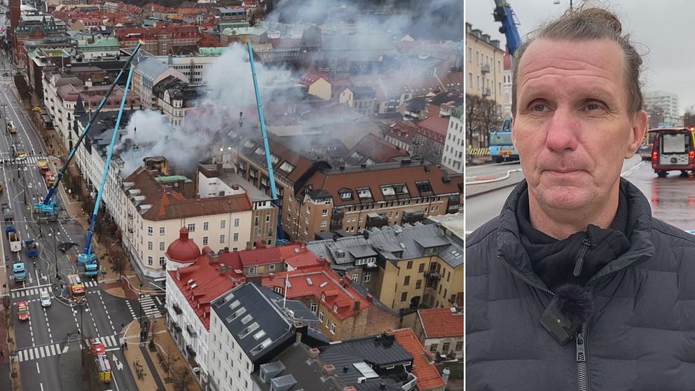 Rök stiger från en byggnad i centrala Helsingborg där räddningstjänst använder skyliftar för att bekämpa en brand på hotell. Den andra sektionen visar en person i en mörk jacka, som står nära en gata.