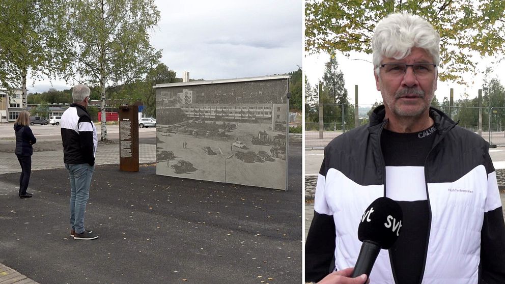 Kjell Hansson står vid minnesplatsen i Malmberget till vänster i bild och sedan en profilbil på honom till höger.