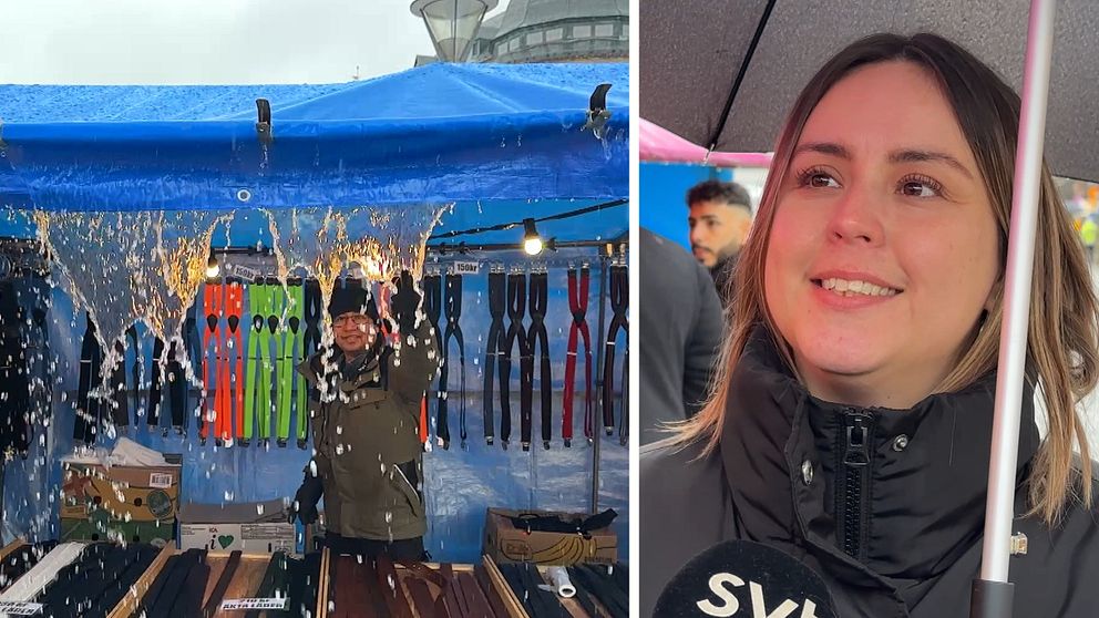 En delad bild där den vänstra delen visar en marknadsstånd under regn med färgglada köksverktyg som hänger på en bakgrund. Den högra delen av bilden visar en person under ett paraply med en mikrofon märkt ”SVT”.