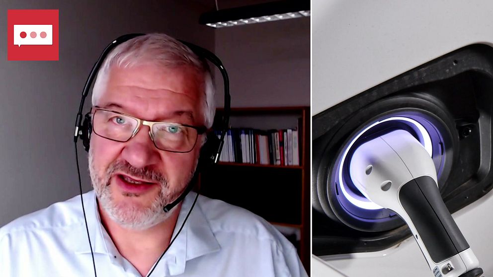 Chalmersforskaren Anders Grauers svarar på frågor om elbilar och utveckling, bredvid en bild av en elbilsladdare med ett blått ljus som signalerar att bilen är på laddning. Kontexten kan relateras till elbilar och teknik.