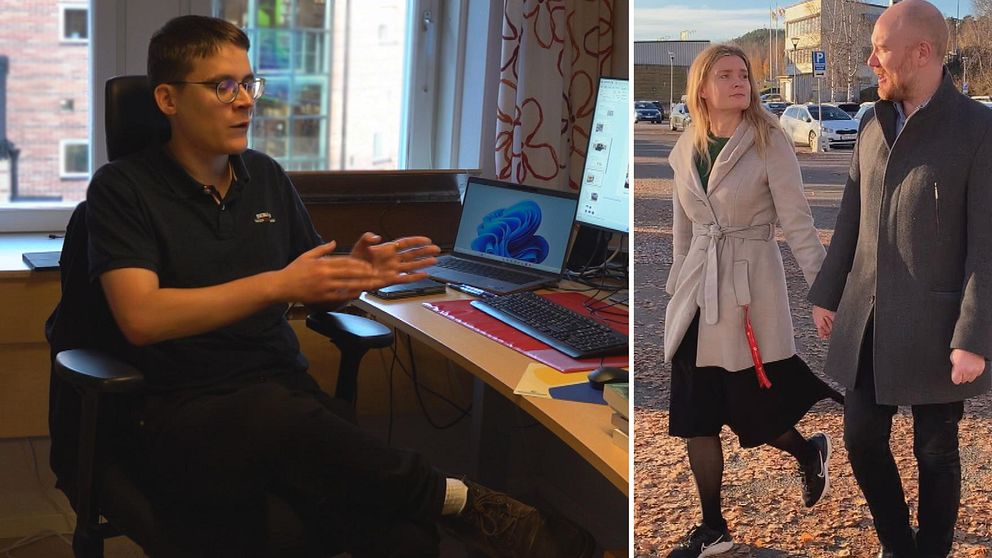 Statsvetaren Fredrik Malmberg sitter vid sitt skrivbord. Alina Backlund Arab (S) och Robert Thunfors (SJVP) går han i hand utomhus.