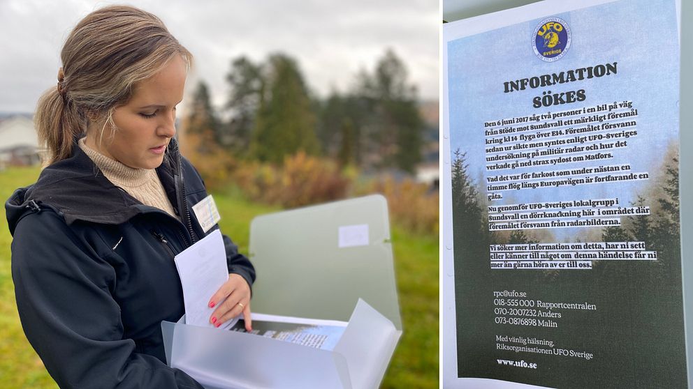 Malin Viklander tittar på informationsmaterialet från UFO-Sverige. Informationsblad från UFO-Sverige.
