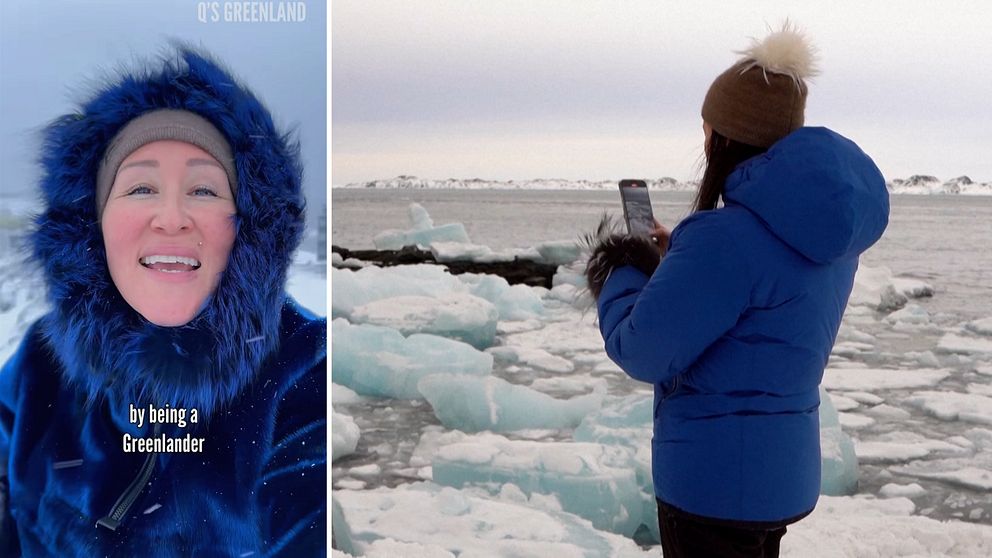 Tvådelad bild. Vänster: person i blå jacka. Höger: kvinna tar bild på arktisk kust.