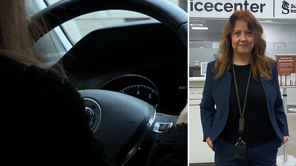 En delad bild. Den vänstra sidan visar en närbild av en hand som håller i en bilratt, med instrumentpanelen i bakgrunden. Den högra sidan visar Maria Cederberg, verksamhetschef på Servicecenter i Sundsvalls kommun. Hon står i entrén till avdelningen.