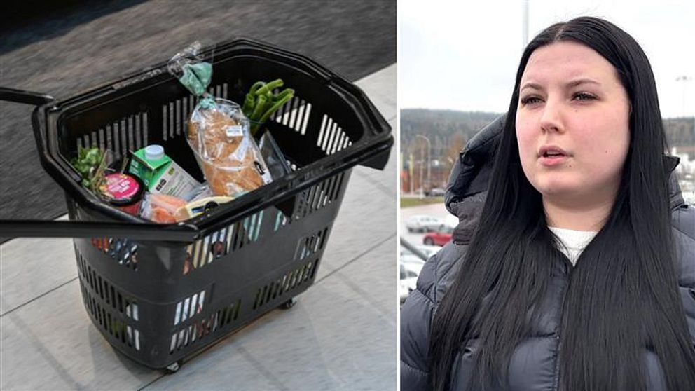 Delad bild. Till vänster: kundkorg med matvaror. Till höger: person utomhus med långt svart hår.