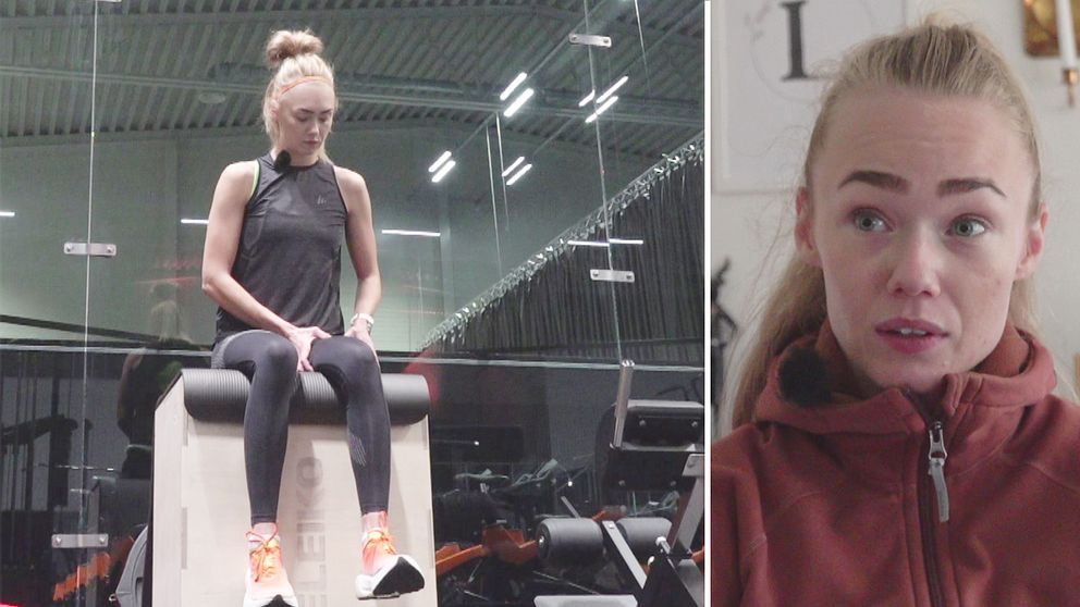 Bild på Ebba Larsson när hon tränar benen och en porträttbild.