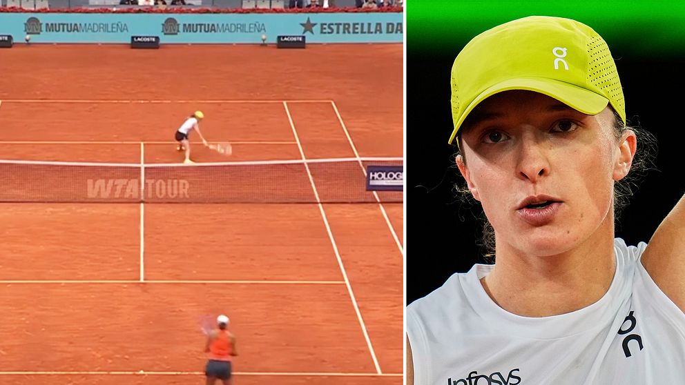 Delad bild. Till vänster: tennismatch på grus. Till höger: spelare i gul keps och vit tröja.