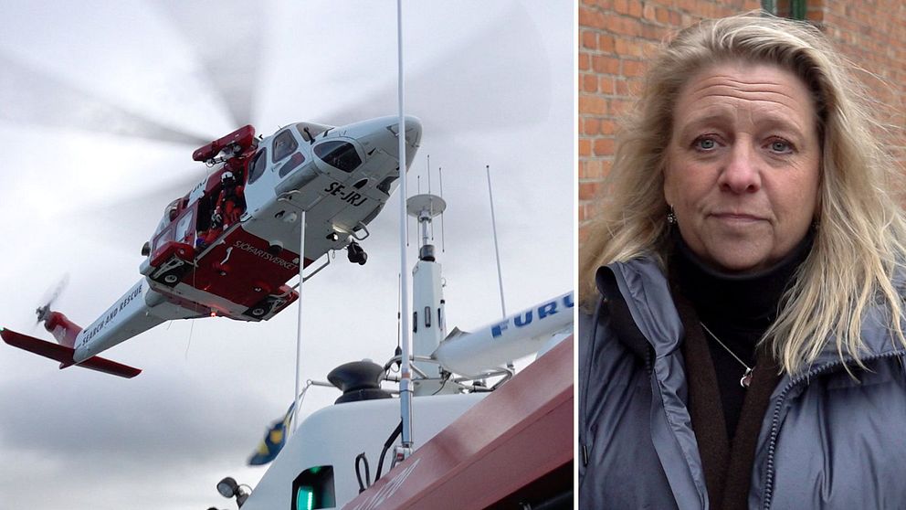 Delad bild. Vänster: räddningshelikopter i luften. Höger: Kvinna med blonderat hår mot tegelvägg.