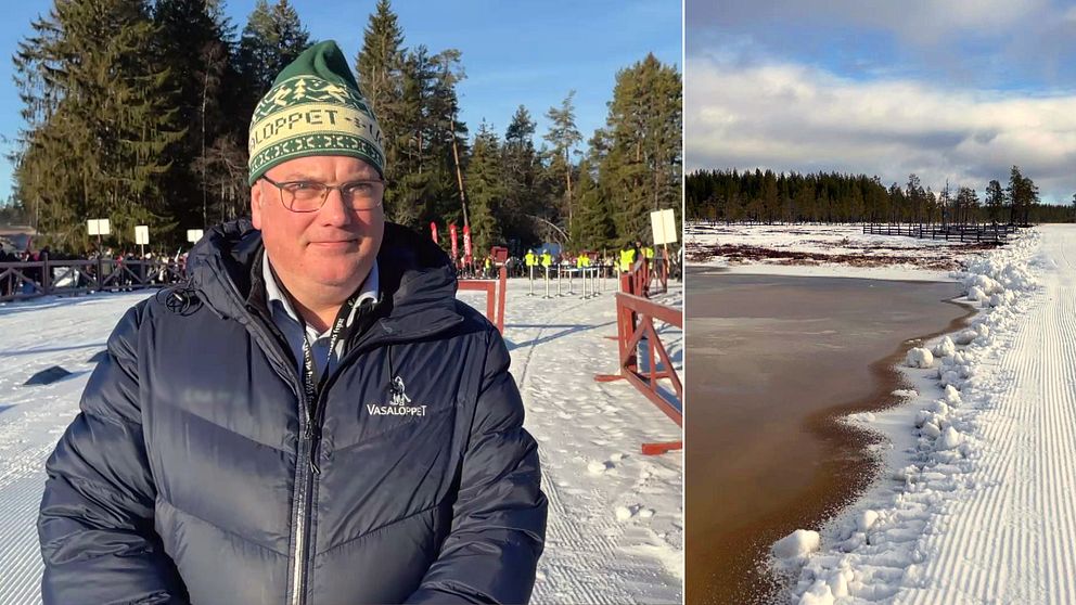 Tvådelad bild. Vänster: person i vinterjacka i snölandskap. Höger: frusen väg med vatten intill