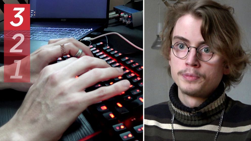 Delad bild. På vänstra sidan ser vi en person som skriver på ett bakgrundsbelyst tangentbord framför en bärbar dator. På högra sidan syns en person i stickad tröja och glasögon.