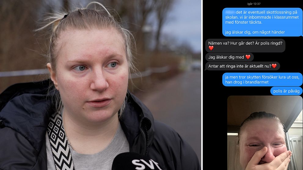 Bilden är delad i två sektioner. Den vänstra sektionen visar en person framför en mikrofon från SVT. Den högra sektionen visar en skärmdump av ett meddelandesamtal där personer diskuterar en skottlossning på skolan och deras säkerhet, tillsammans med ett suddigt foto av en person.