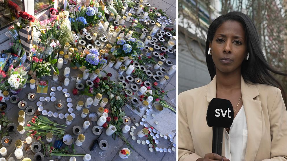 Minnesplatsen vid restaurangen i Skogås, och SVT:s reporter Sofia Yohannes vid Attunda tingsrätt.