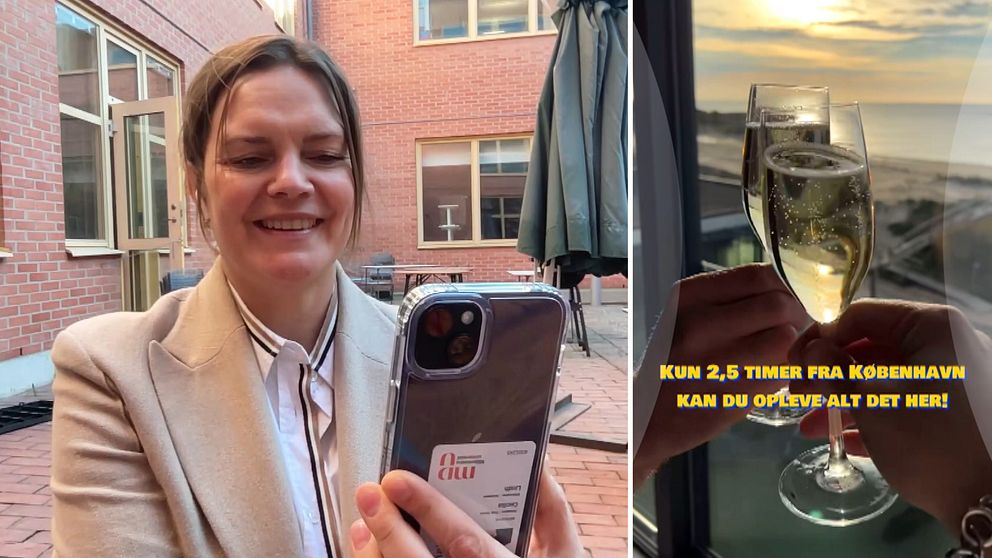 Tvådelad bild. Vänster: Person håller mobil utomhus. Höger: Glas champagne vid fönster med utsikt.