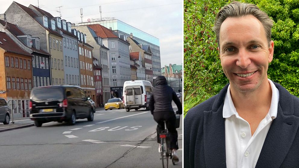Bildens vänstra del visar en stadsgata i Köpenhamn med flerfärgade byggnader längs trottoaren och en cyklist som passerar. Höger sida av bilden är Anders Sjögren vd för Boplats Syd.