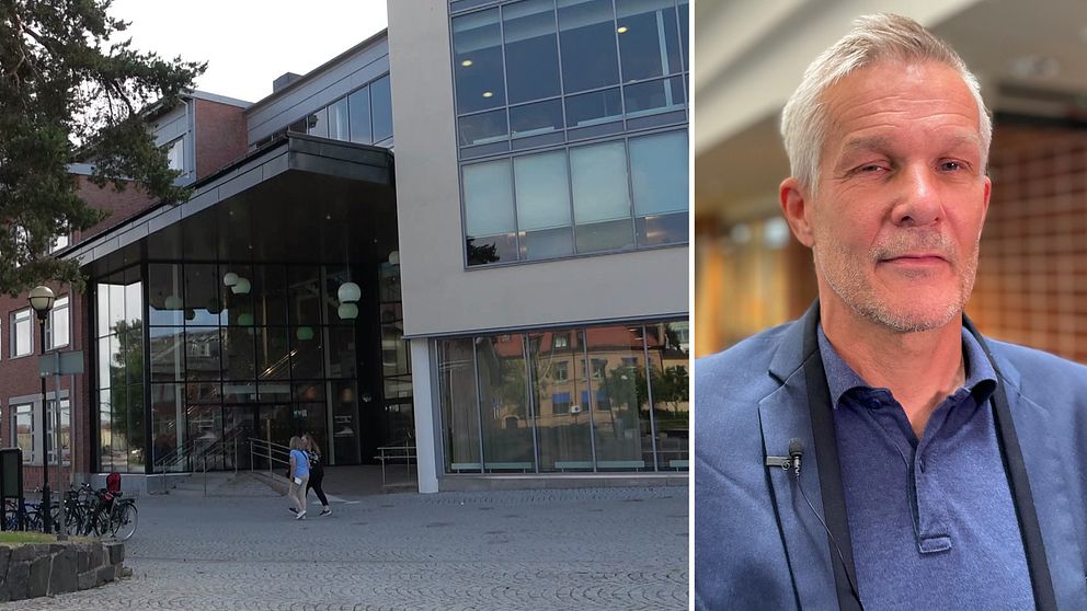 Tomas Bengtsson på Högskolan Väst tittar in i kameran, till vänster bild på högskolan.