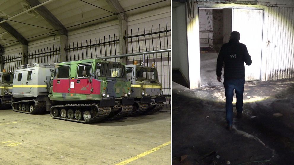 Splitbild med militärfordon till vänster och en man som går med ficklampa i en tom lokal till höger.