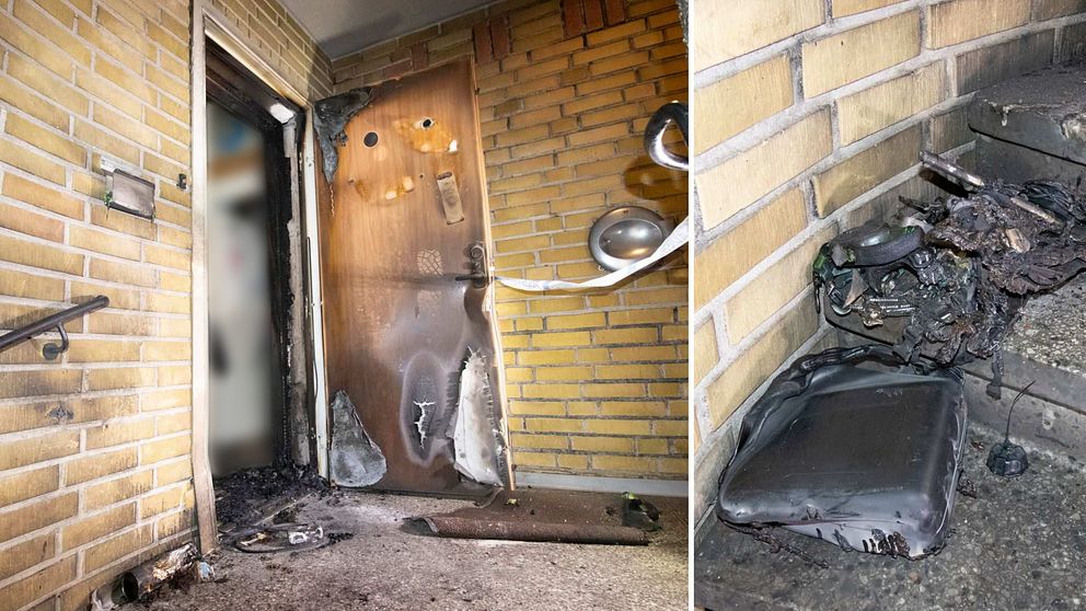 Tvådelad bild: Den vänstra sektionen visar en trappuppgång med en brandskadad dörr, där sot och skador syns tydligt. Den högra sektionen visar närbild av brandskadade föremål, inklusive en bränd läsplatta, på trappsteg.