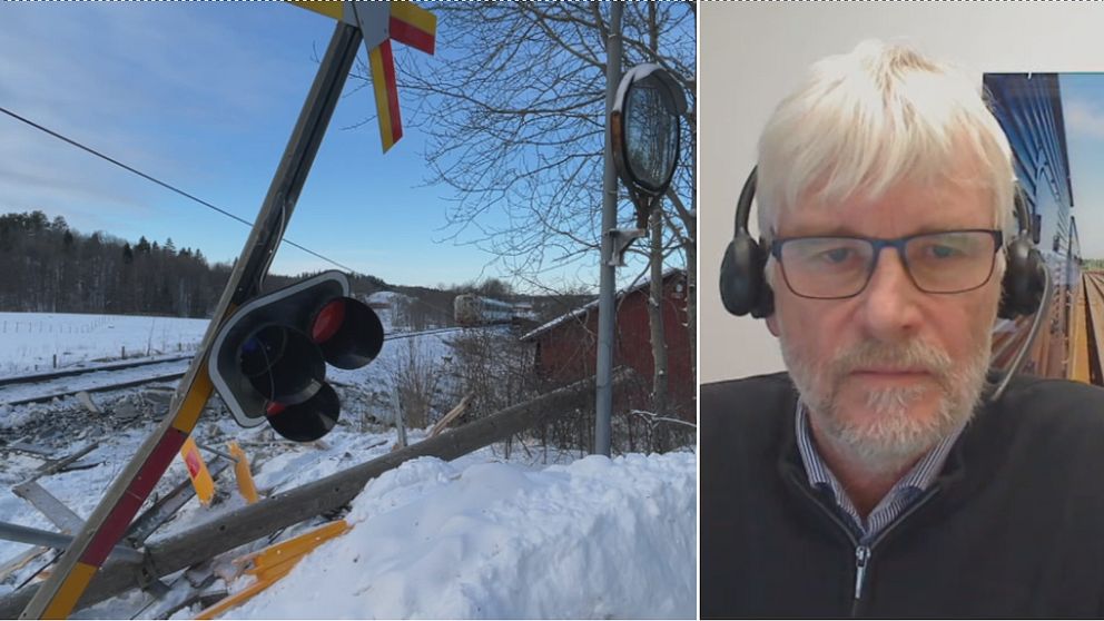 En trasig plankorsning i Ramseröd utanför Uddevalla och en bild på Olle Morell, senior plankorsningsspecialist på Trafikverket.