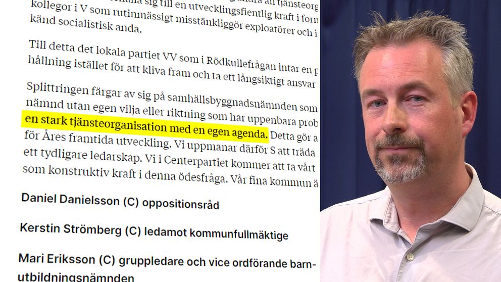 Till vänster är en bild på en en artikel som Centerpartiet i Åre kommun skickat in till en tidning. Till höger en bild på centerpolitikern Daniel Danielsson som har på sig en vit skjorta.