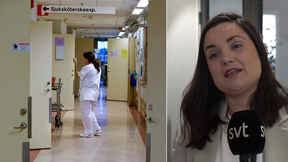 En bild på vårdpersonal i en korridor och en intervjubild med Henrietta Serrate Modig (S) i region Kronoberg